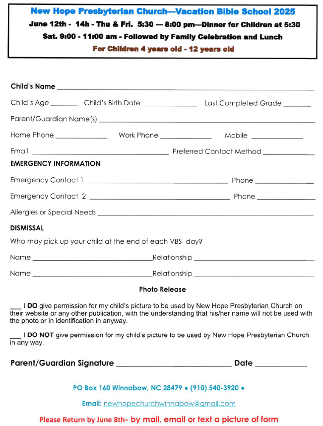 2025 VBS Form